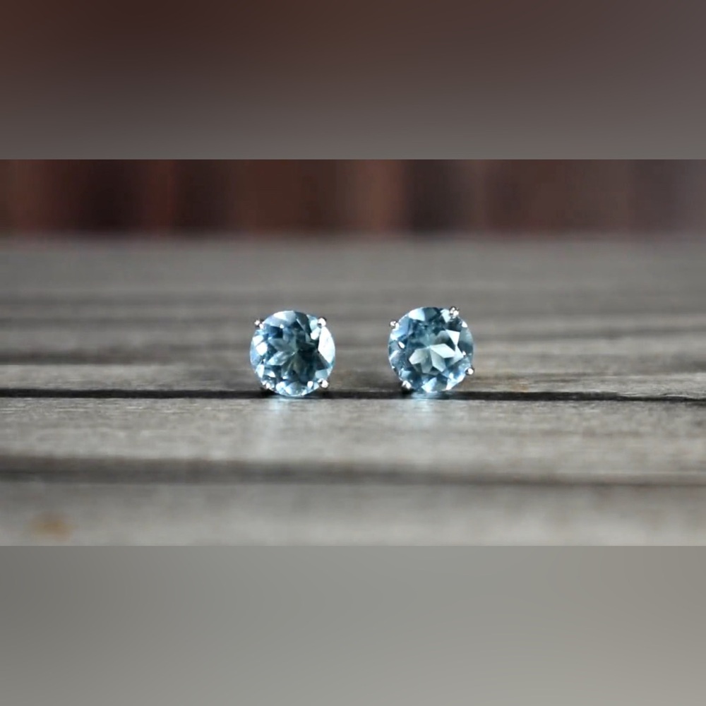 NEW March Birthstone Earrings, Aquamarine brilliant cut studs set in 14k gold.